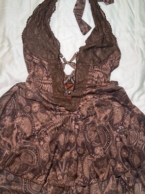 Brown Paisley Lace Halter Dress